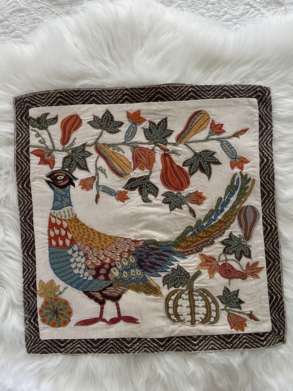 Pottery Barn Pheasant Bird Embroidered Pillow Cover Autumn Woodland Fall READ